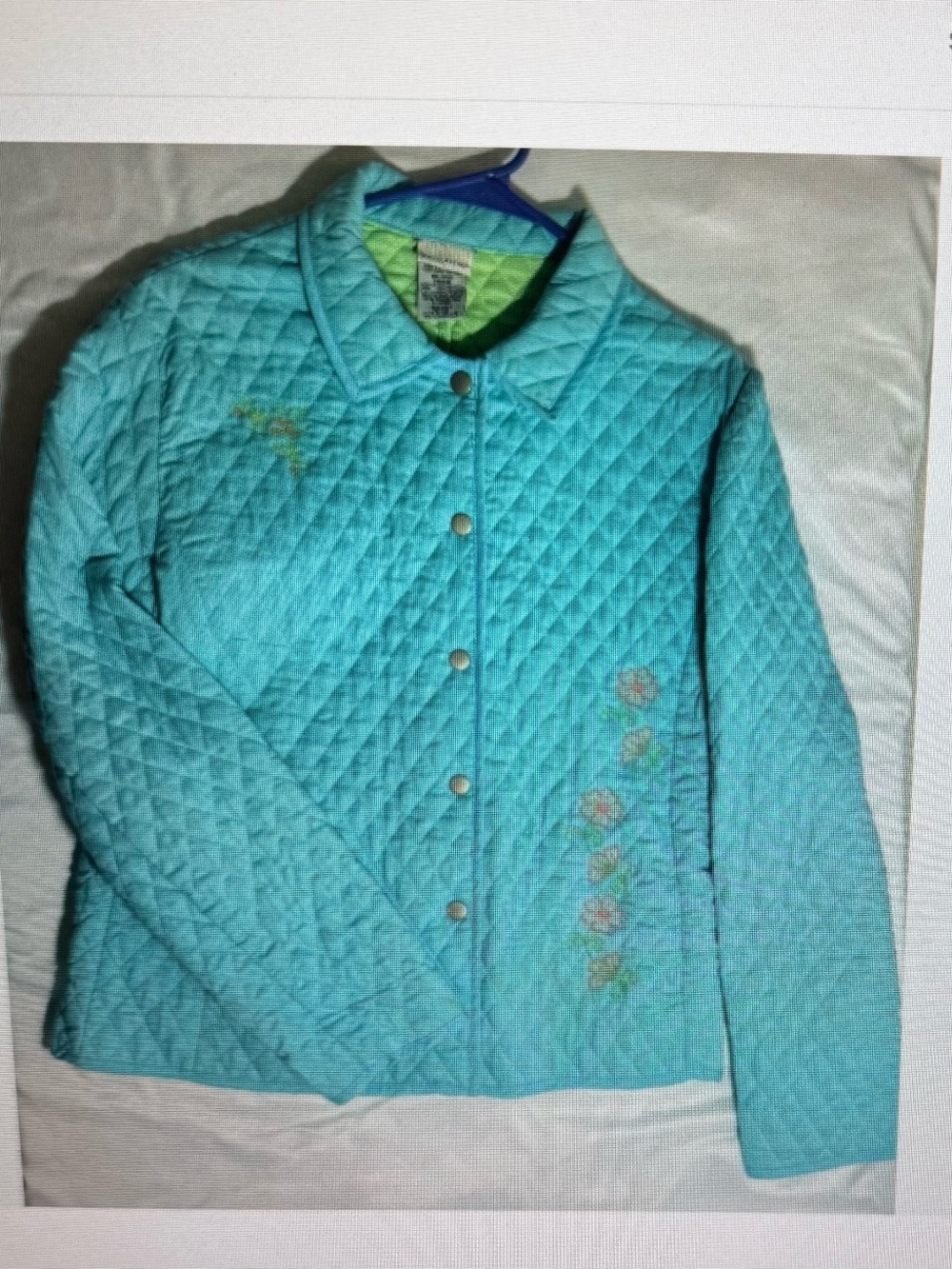 White Stag Teal Quilted Snap-Front Jacket with Floral Embroidery size Lg (A11)